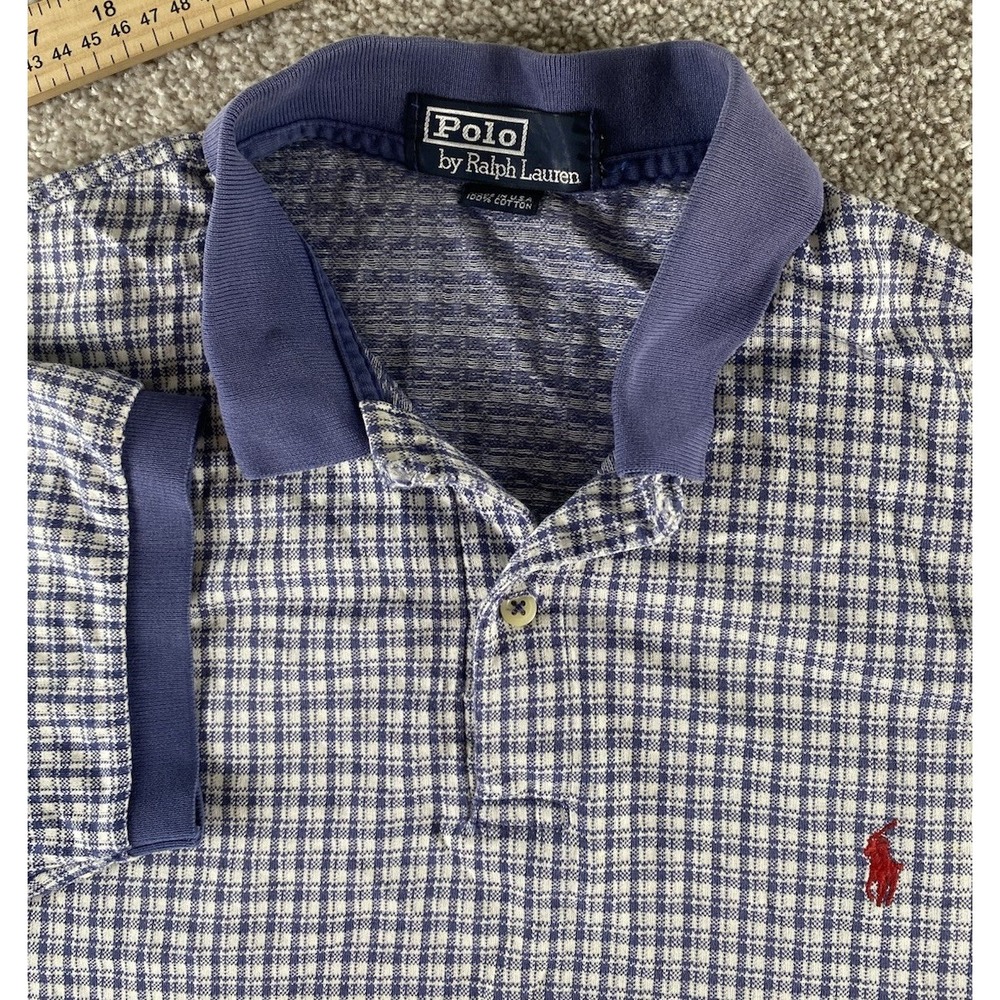 Vintage Polo Ralph Lauren Made In USA Polo Men L Blue Unique Plaid Red Pony Read